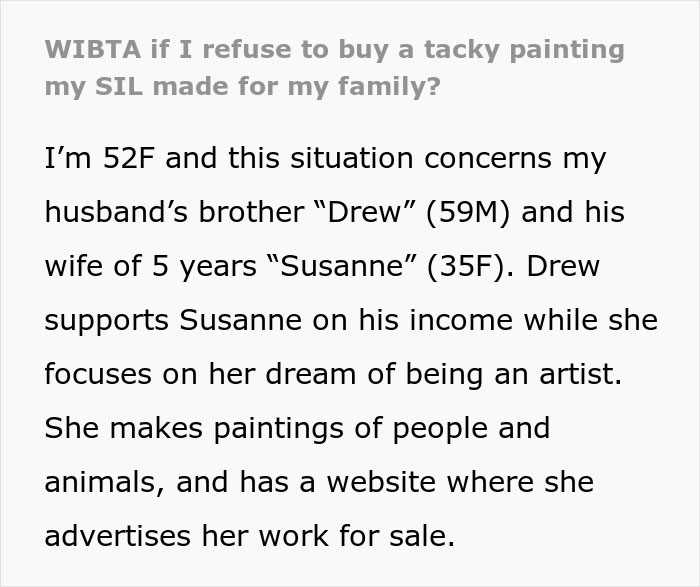 Text discussing a woman making paintings that are not selling, causing family conflict. Text discussing a woman making paintings that are not selling, causing family conflict.
