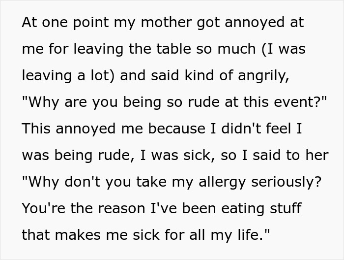 Text exchange about parents confronting their child at an event over an allergy issue. Text exchange about parents confronting their child at an event over an allergy issue.