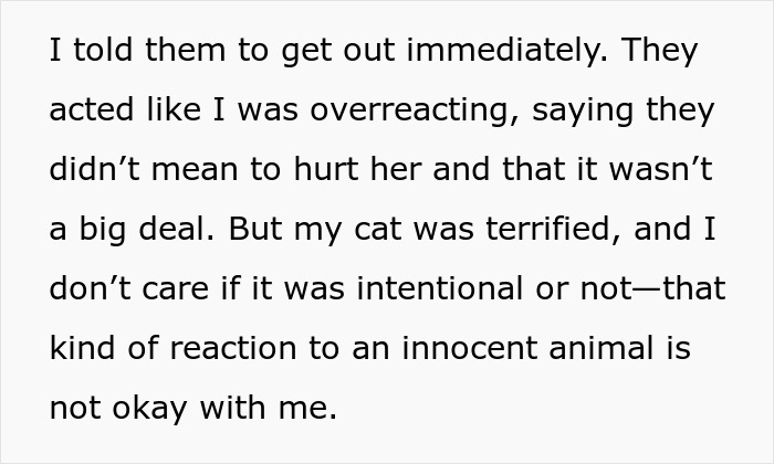 Text discussing overreaction after a friend was kicked out for mistreating a cat. Text discussing overreaction after a friend was kicked out for mistreating a cat.