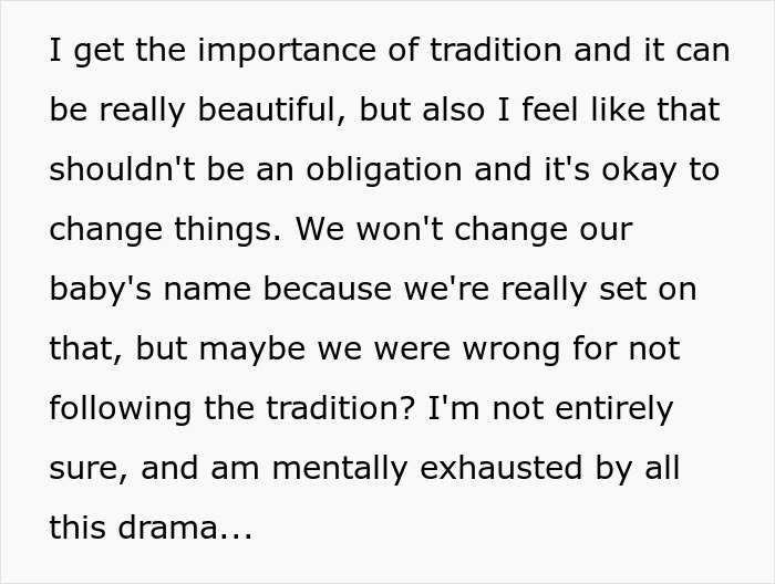 Text discussing baby's name tradition rejection and associated family drama. Text discussing baby's name tradition rejection and associated family drama.