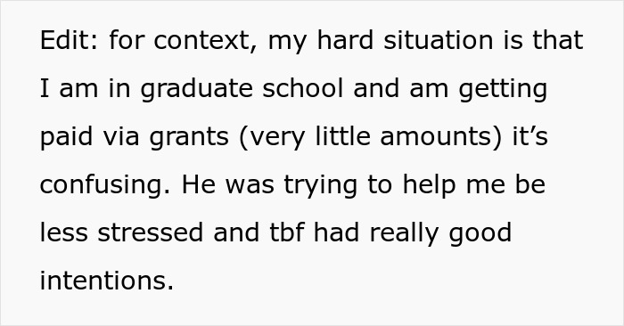 Text about someone's financial struggles in graduate school and a supportive person with good intentions. Text about someone's financial struggles in graduate school and a supportive person with good intentions.