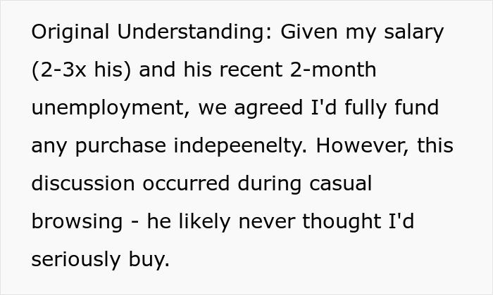 Text discussing salary differences, unemployment, and purchasing agreement in a relationship context. Text discussing salary differences, unemployment, and purchasing agreement in a relationship context.