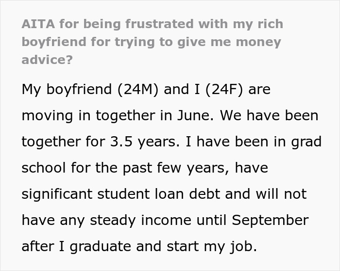 Rich boyfriend gives money advice; girlfriend frustrated with financial discussions. Rich boyfriend gives money advice; girlfriend frustrated with financial discussions.