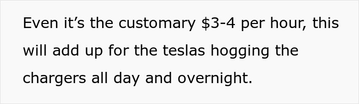 Text discussing Tesla drivers hogging charging stations with added costs. Text discussing Tesla drivers hogging charging stations with added costs.
