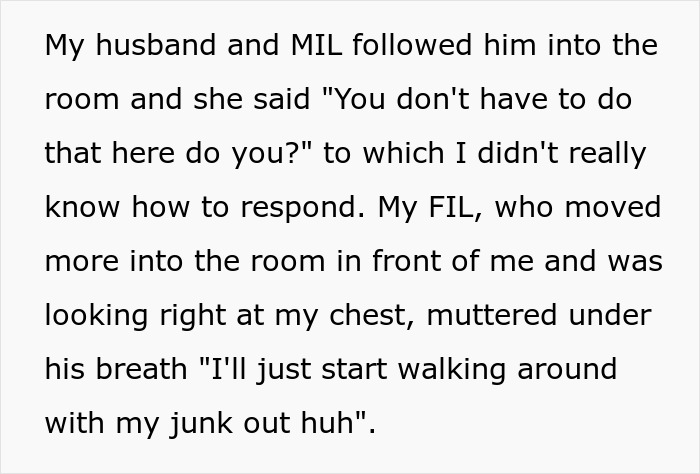 Text conversation about a father-in-law getting upset over breastfeeding. Text conversation about a father-in-law getting upset over breastfeeding.