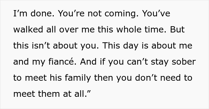 Text exchange about dry wedding and family conflict over drinking. Text exchange about dry wedding and family conflict over drinking.