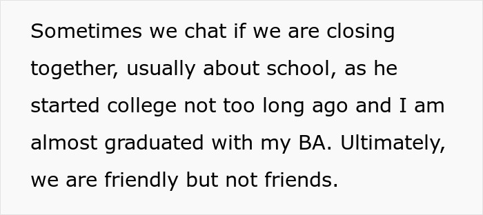 Text about chatting with a coworker who started college, sharing a friendly relationship but not being friends. Text about chatting with a coworker who started college, sharing a friendly relationship but not being friends.