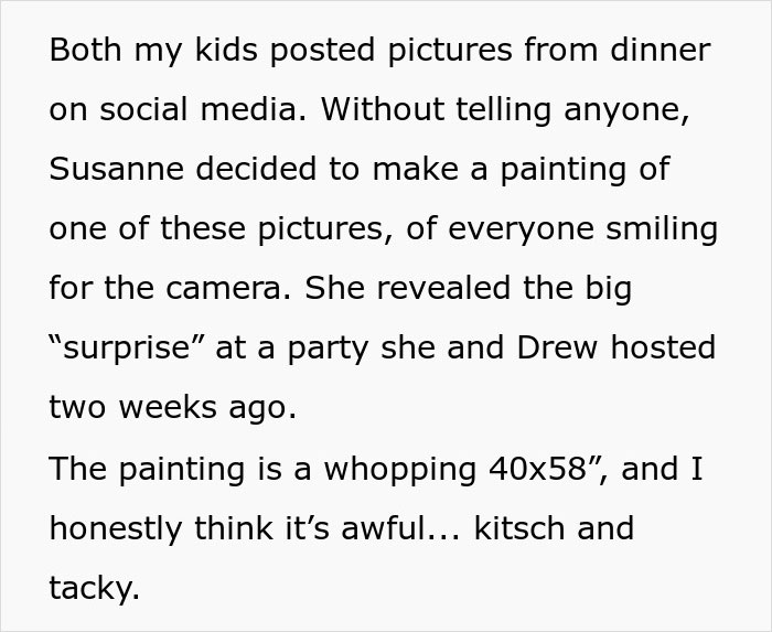 Text recounting an unasked painting surprise at a party, described as kitsch and tacky. Text recounting an unasked painting surprise at a party, described as kitsch and tacky.