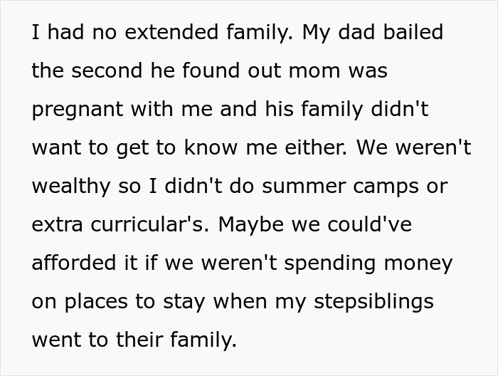 Text discussing lack of extended family and financial struggles, focusing on stepsiblings and family dynamics. Text discussing lack of extended family and financial struggles, focusing on stepsiblings and family dynamics.