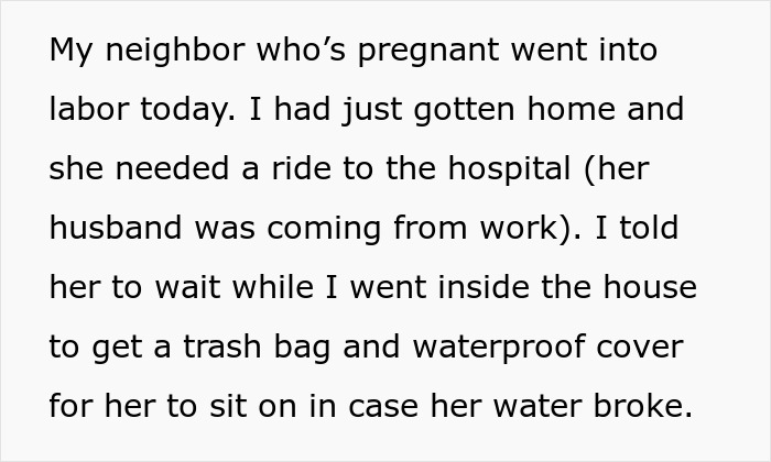 Text about waterproofing car with trash bags for pregnant neighbor's ride. Text about waterproofing car with trash bags for pregnant neighbor's ride.