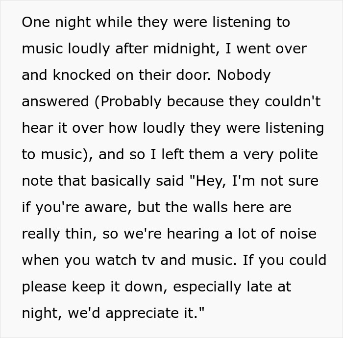Text of a note about noisy neighbors treating the building like a personal nightclub. Text of a note about noisy neighbors treating the building like a personal nightclub.
