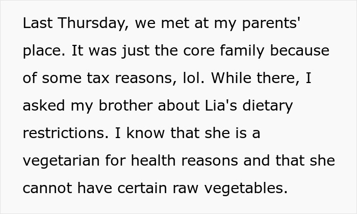 Text discussing family meeting, brother's choice of +1 for wedding, and dietary restrictions. Text discussing family meeting, brother's choice of +1 for wedding, and dietary restrictions.