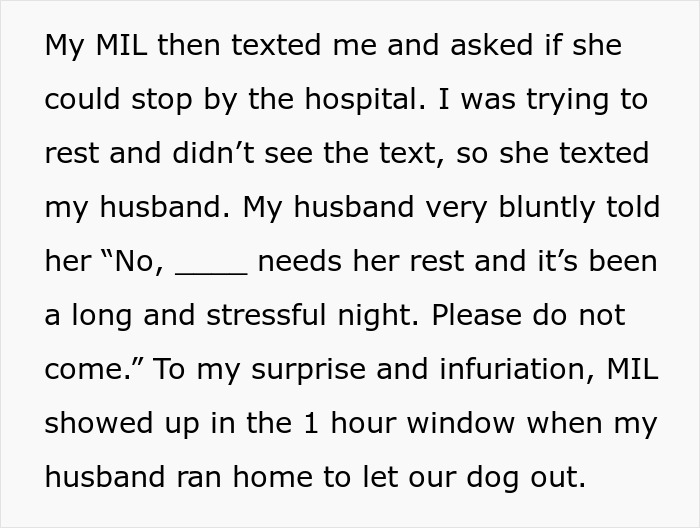 MIL texts while pregnant woman rests in hospital after fall; husband says not to visit but MIL shows up. MIL texts while pregnant woman rests in hospital after fall; husband says not to visit but MIL shows up.