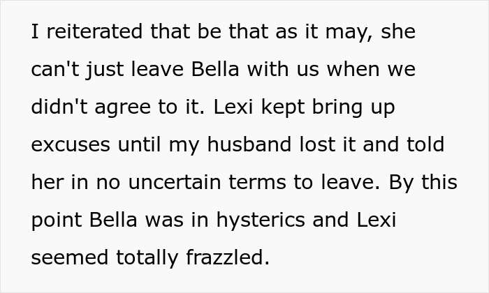 Text recounting a woman upset over her brother's girlfriend leaving her child at her house without permission. Text recounting a woman upset over her brother's girlfriend leaving her child at her house without permission.