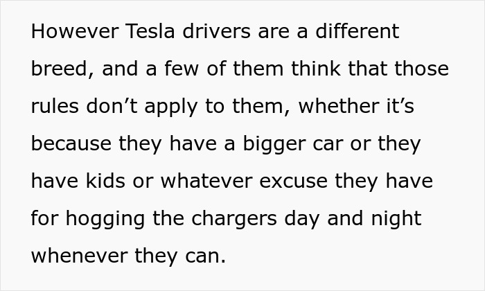 Text discussing Tesla drivers feeling entitled at charging stations. Text discussing Tesla drivers feeling entitled at charging stations.