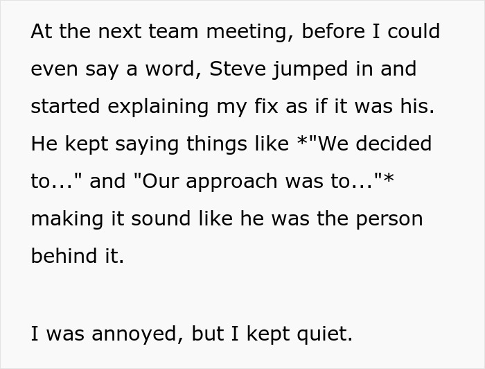 Coworker steals credit during team meeting, leaving colleague annoyed but silent. Coworker steals credit during team meeting, leaving colleague annoyed but silent.