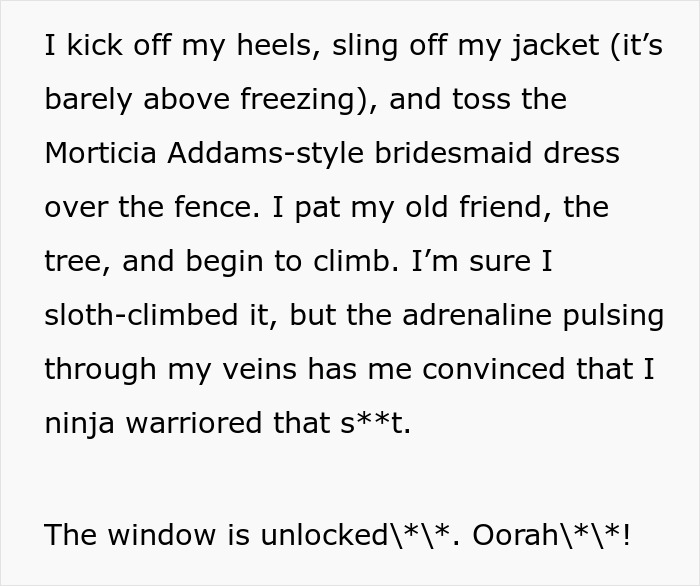 Woman climbs tree in Morticia Addams-style dress, seeking insulin. Woman climbs tree in Morticia Addams-style dress, seeking insulin.