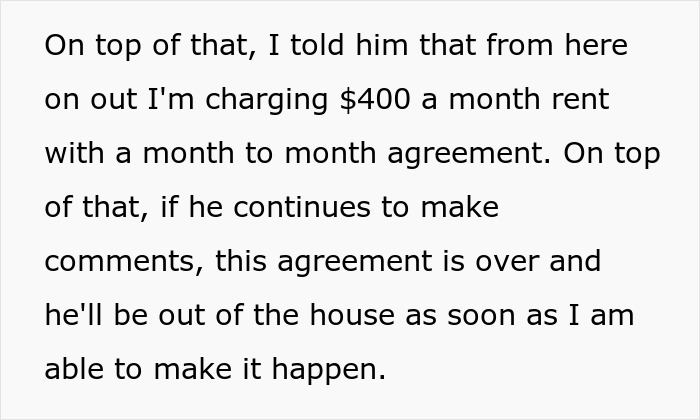 Text about a woman asserting independence from her stepdad by setting rent terms in her own house. Text about a woman asserting independence from her stepdad by setting rent terms in her own house.