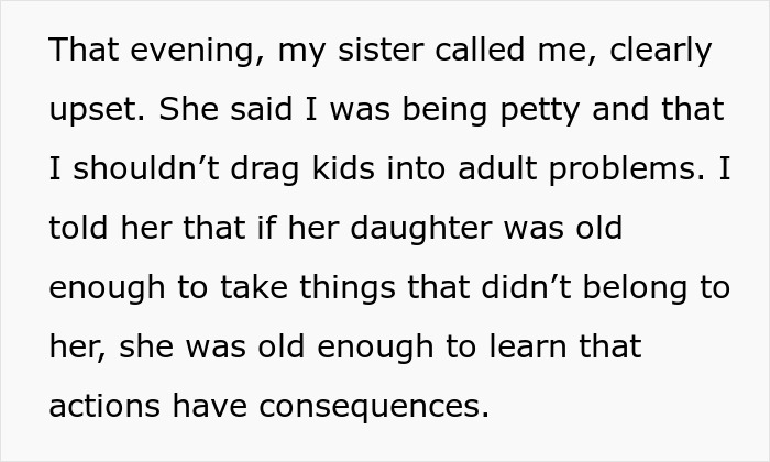 Text excerpt showing an aunt explaining consequences to niece for stealing, highlighting sticky-fingers and stolen trinkets. Text excerpt showing an aunt explaining consequences to niece for stealing, highlighting sticky-fingers and stolen trinkets.