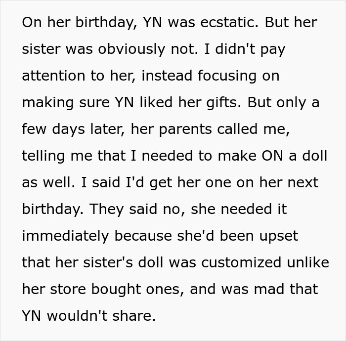 Aunt customizes doll for infuriated 5-year-old after sibling receives special gift. Aunt customizes doll for infuriated 5-year-old after sibling receives special gift.