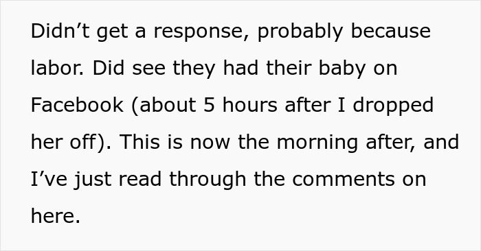 Text screenshot about a newborn's arrival after a neighbor helped during labor while waterproofing car with trash bags. Text screenshot about a newborn's arrival after a neighbor helped during labor while waterproofing car with trash bags.