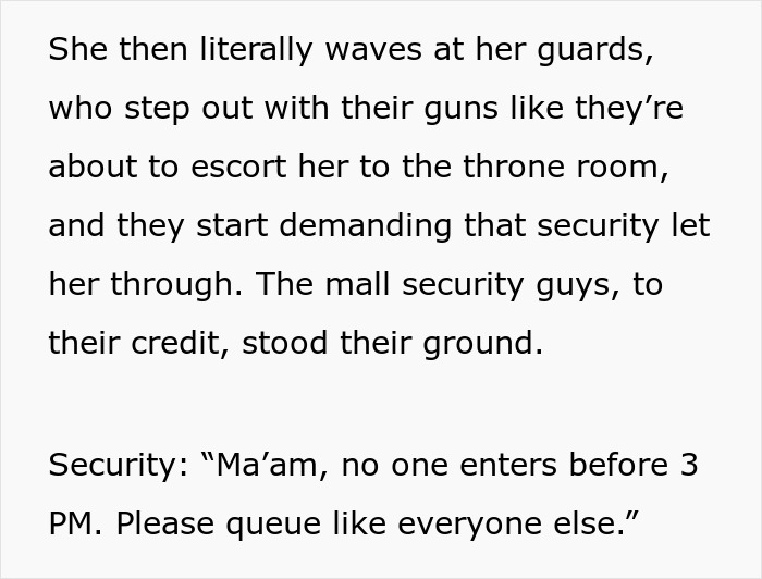 Mall security holds ground as woman waves guards, demanding entry before hours. Mall security holds ground as woman waves guards, demanding entry before hours.
