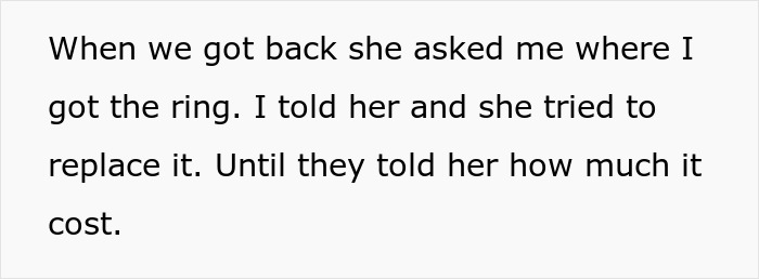 Text detailing a person swapping a real ring for a fake, leading to a fiancée's surprising reaction. Text detailing a person swapping a real ring for a fake, leading to a fiancée's surprising reaction.