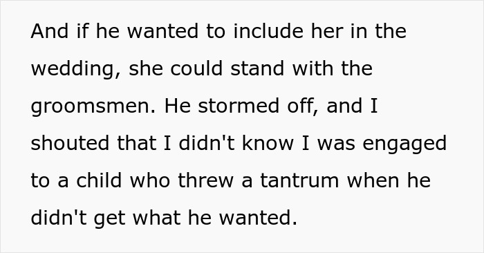 Wedding conflict text: Fiancé storms off after argument over sister's involvement; woman questions relationship. Wedding conflict text: Fiancé storms off after argument over sister's involvement; woman questions relationship.