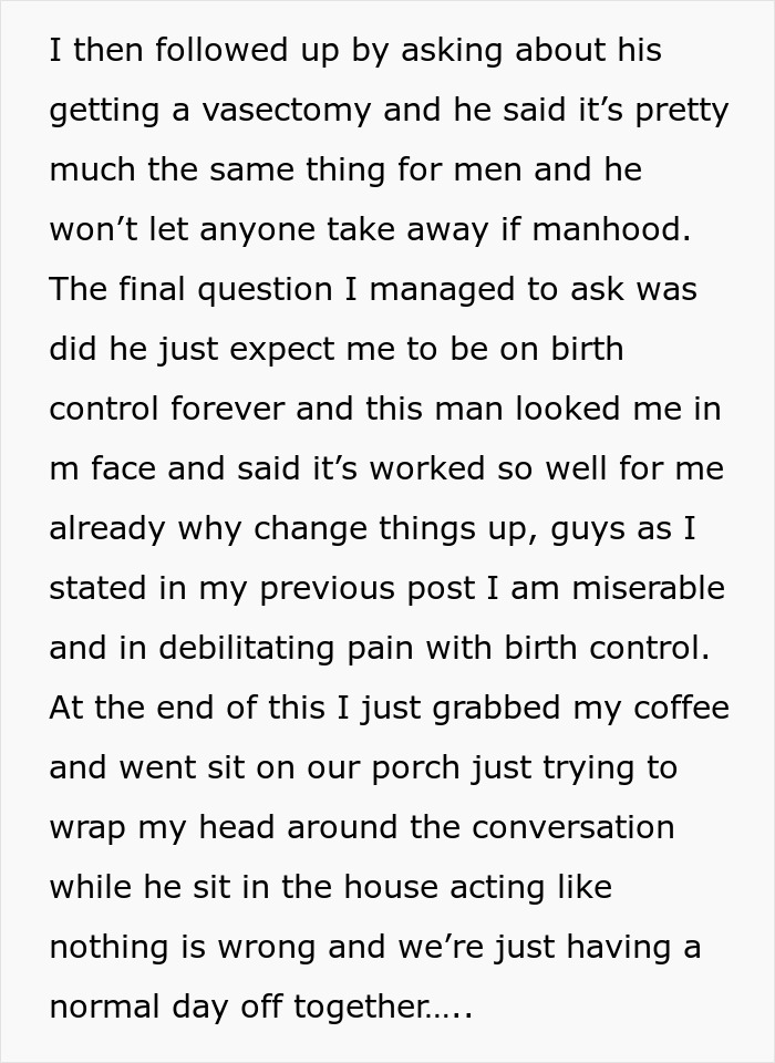 Text about sterilizing against partner’s wishes, discussing vasectomy and birth control challenges. Text about sterilizing against partner’s wishes, discussing vasectomy and birth control challenges.