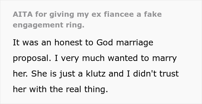 Text screenshot about giving a fiancée a fake ring to protect the real engagement ring. Text screenshot about giving a fiancée a fake ring to protect the real engagement ring.