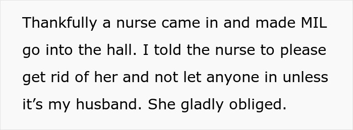 Text about a nurse helping a pregnant woman rest in hospital by removing MIL from the room. Text about a nurse helping a pregnant woman rest in hospital by removing MIL from the room.