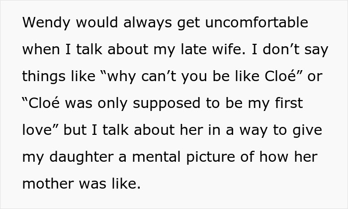 Text discussing the father's memories of his late wife for his daughter, causing discomfort to his new wife. Text discussing the father's memories of his late wife for his daughter, causing discomfort to his new wife.