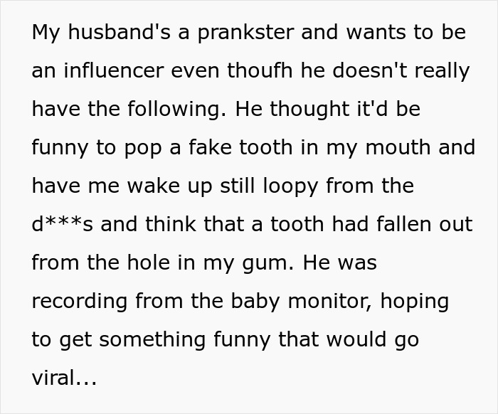 Husband's prank with fake tooth for viral video nearly harms wife. Husband's prank with fake tooth for viral video nearly harms wife.