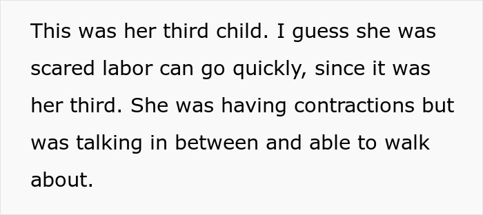 Text excerpt about a pregnant neighbor concerned about quick labor during contractions. Text excerpt about a pregnant neighbor concerned about quick labor during contractions.
