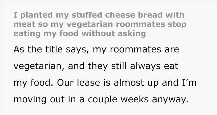 Text about roommates eating stuffed cheese bread with meat. Text about roommates eating stuffed cheese bread with meat.