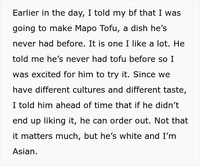 Text about cooking Mapo Tofu, confronting cultural differences with boyfriend over trying new foods. Text about cooking Mapo Tofu, confronting cultural differences with boyfriend over trying new foods.