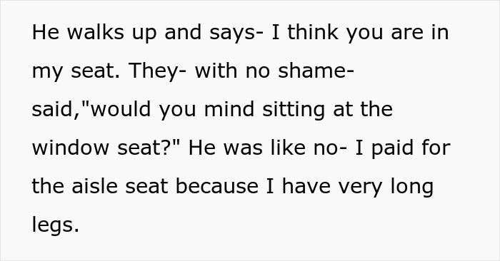 Text exchange about a passenger's seat, involving an aisle seat claim and dialogue about seating arrangements. Text exchange about a passenger's seat, involving an aisle seat claim and dialogue about seating arrangements.