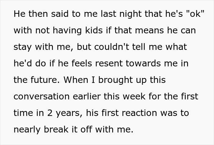 Text conversation highlighting a couple facing a difficult decision about having kids. Text conversation highlighting a couple facing a difficult decision about having kids.