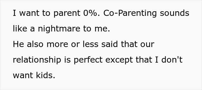 Text expressing concerns about parenting and co-parenting challenges in a relationship where one partner doesn't want kids. Text expressing concerns about parenting and co-parenting challenges in a relationship where one partner doesn't want kids.