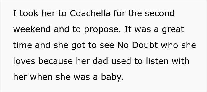 Proposal at Coachella with a swapped ring leads to ended engagement due to fiancée's reaction. Proposal at Coachella with a swapped ring leads to ended engagement due to fiancée's reaction.