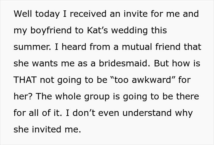 Text on image discussing awkward wedding invite involving ex-girlfriend's cousin. Text on image discussing awkward wedding invite involving ex-girlfriend's cousin.