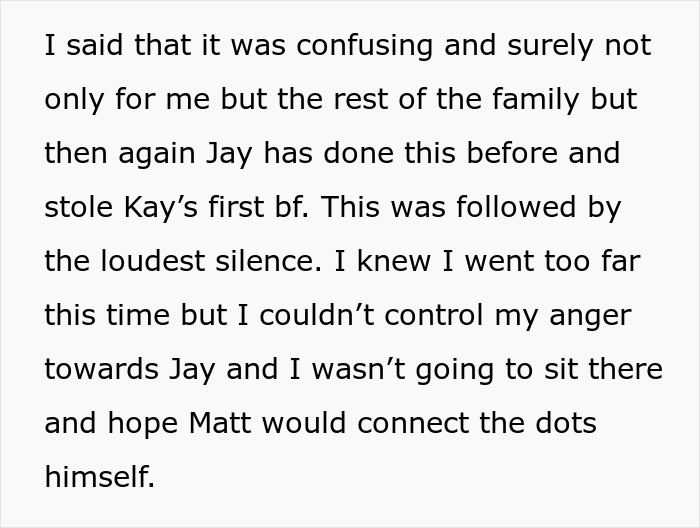 Text message describing a woman angry at Jay for lying to sister's handsome crush about her existing boyfriend. Text message describing a woman angry at Jay for lying to sister's handsome crush about her existing boyfriend.