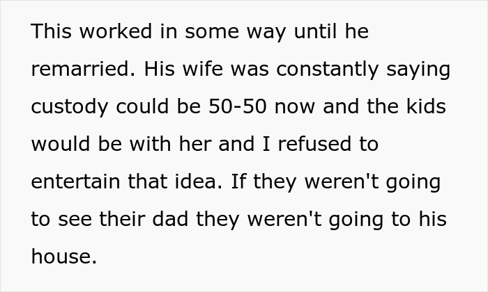 Text discussing custody conflict between stepmom and bio mom over husband's kids. Text discussing custody conflict between stepmom and bio mom over husband's kids.