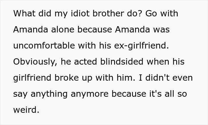 Text about a brother choosing a female friend over his long-term girlfriend as a wedding date. Text about a brother choosing a female friend over his long-term girlfriend as a wedding date.