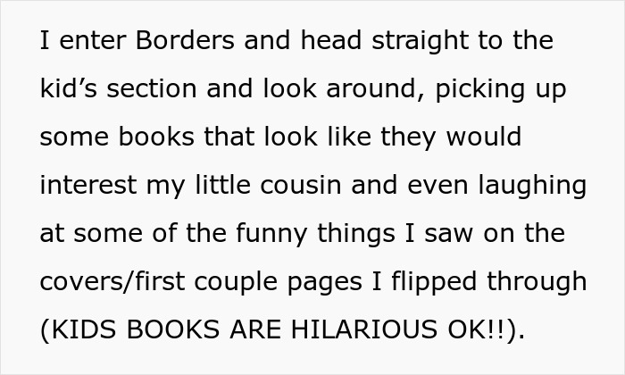 Text from a young adult about visiting a bookstore's children's section. Text from a young adult about visiting a bookstore's children's section.