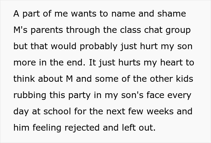 Text describes a child's feelings of being excluded from a birthday party, highlighting rejection and feeling left out. Text describes a child's feelings of being excluded from a birthday party, highlighting rejection and feeling left out.