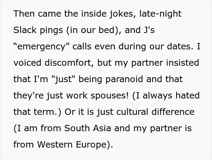 Text image describing discomfort over partner's relationship with 'work spouse'. Text image describing discomfort over partner's relationship with 'work spouse'.