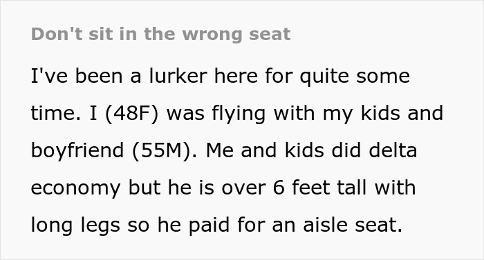 Text discussing a situation involving a passenger's seat preference due to height on a flight. Text discussing a situation involving a passenger's seat preference due to height on a flight.