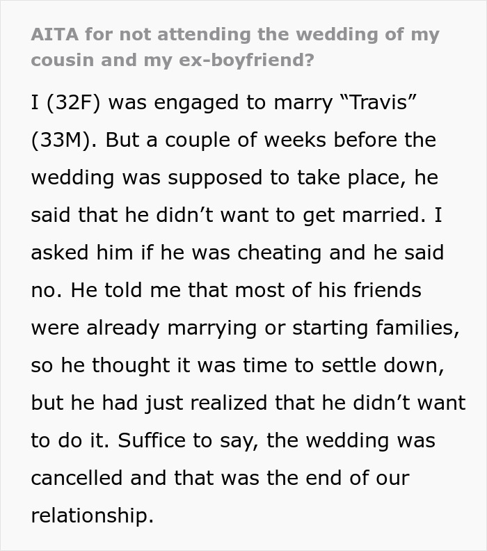Text discussing a woman's dilemma about her ex-boyfriend marrying her cousin, focusing on marriage fears. Text discussing a woman's dilemma about her ex-boyfriend marrying her cousin, focusing on marriage fears.