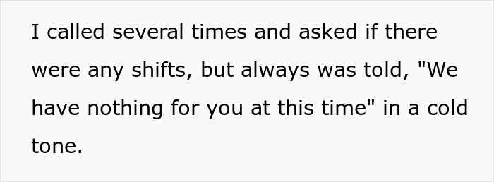 Text image about being fired without notice, expressing frustration over unavailable shifts. Text image about being fired without notice, expressing frustration over unavailable shifts.